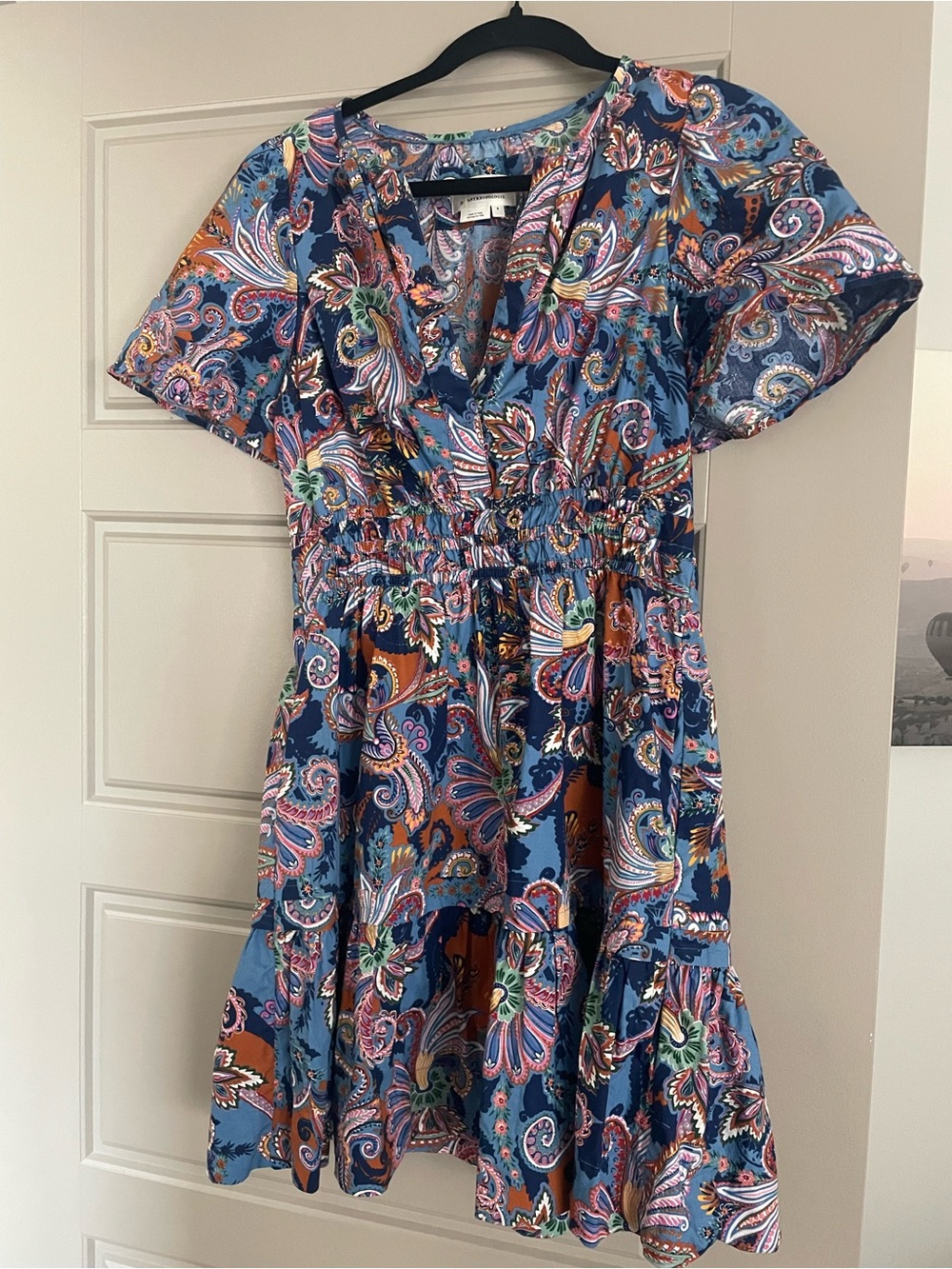 Anthropologie Paisley V-Neck Short Sleeve Dress in Blue